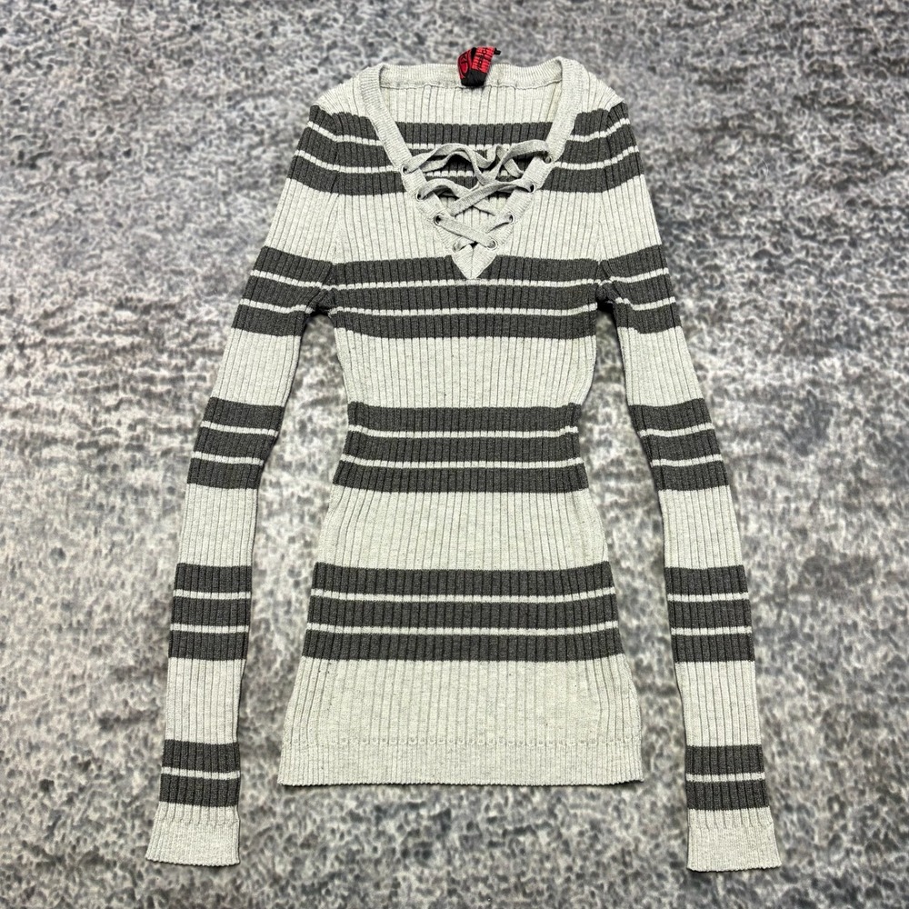 Yoki Striped Sweater Womens Medium Gray Long Sleeve Ribbed Mall Goth Grunge Y2K